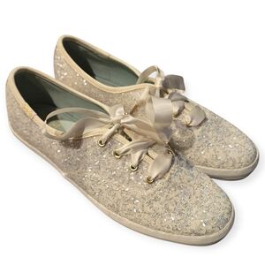 Kate Spade White Glitter Keds with Ribbob Laces| Size 7.5